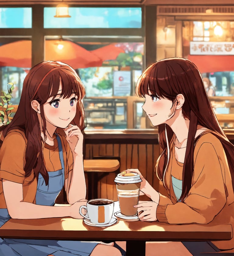 two japanese girls sitting at a table with coffee