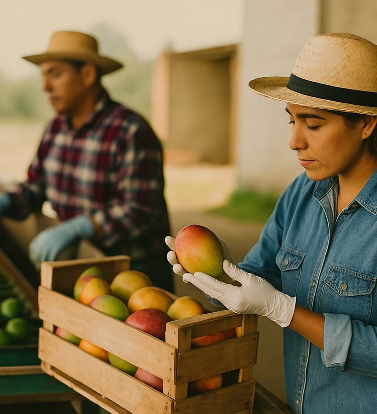 a woman in a hat and gloves holding a box of mangos