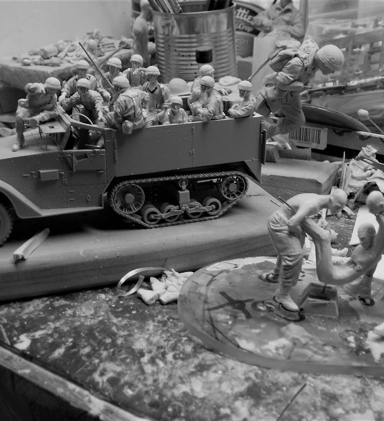 A display of multiple wartime figurines
