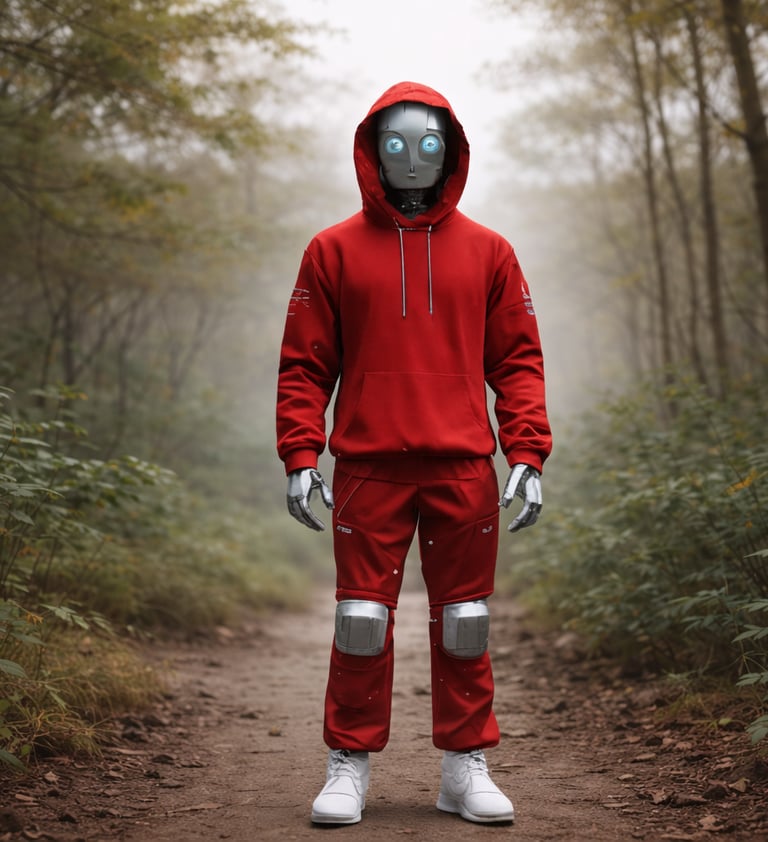 Humanoid figure in a red hoodie on a quiet forest path, reflecting mindful and intentional living.