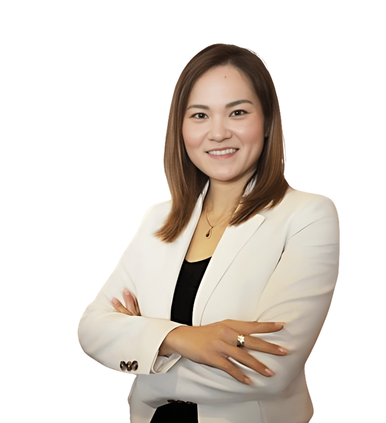 a Japanese woman in a white blazer and black pants