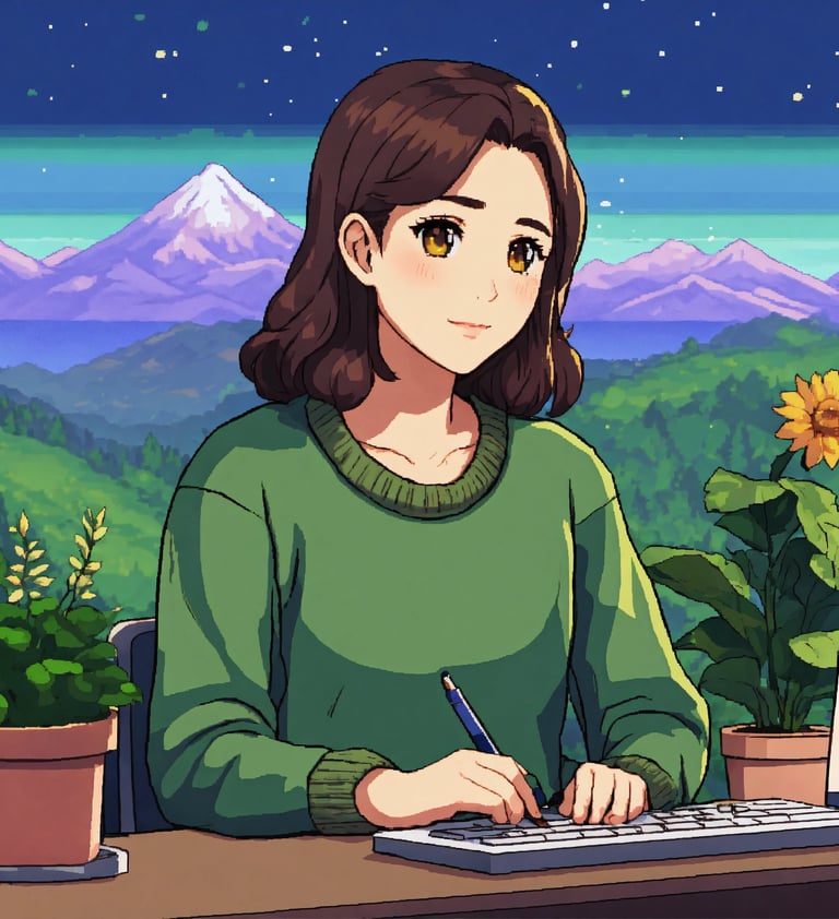 a japanese woman sitting at a desk with a laptop and a pen