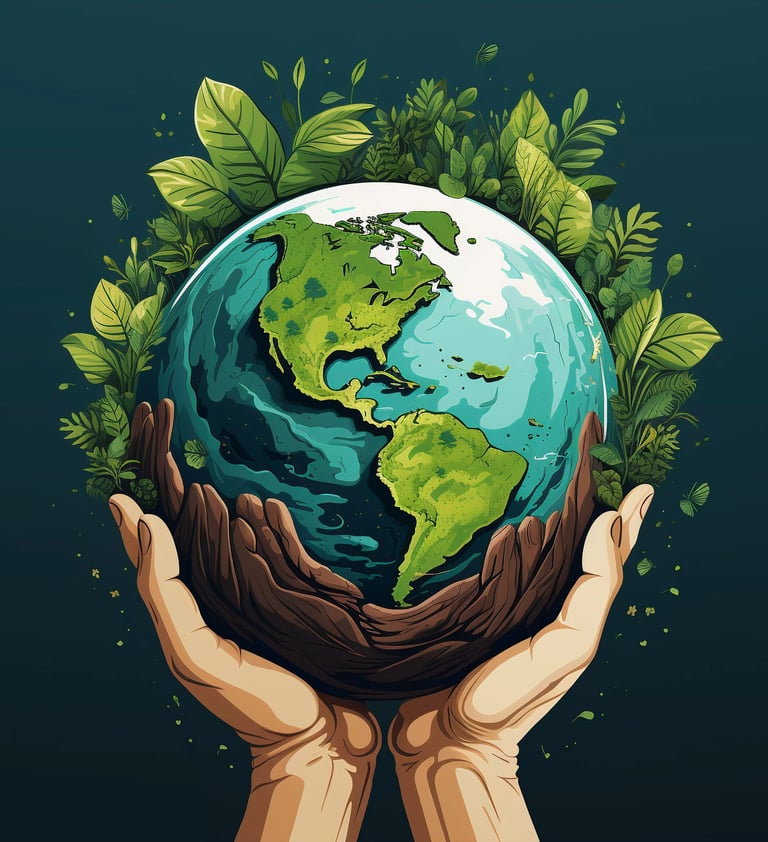 a person holding a globe with leaves and a globe