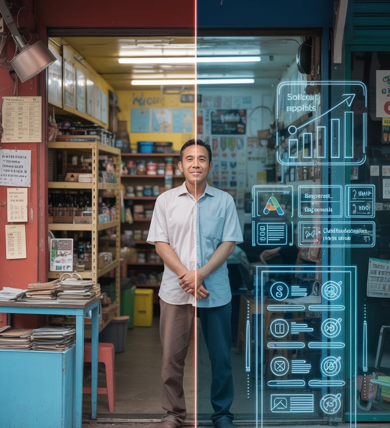 Malaysian SME business owner standing in a shop transforming from traditional to digital with holographic dashboards, symboli