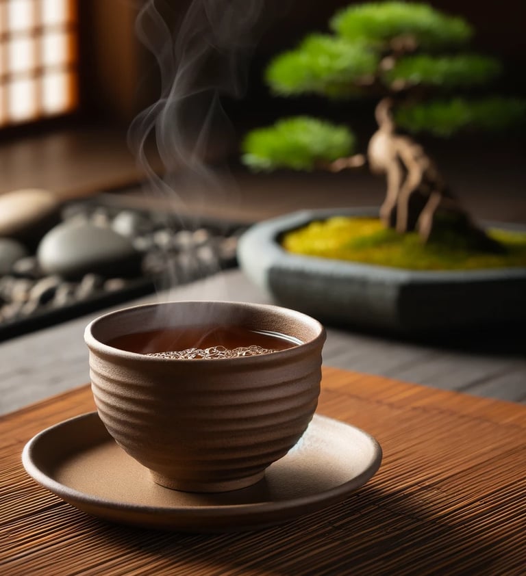 Cup of steaming Hojicha tea with bonsai in background.
