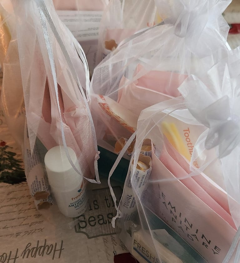 a table with a bunch of hygiene kits laid out
