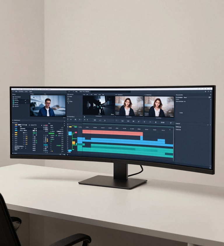 A wide-angle photograph of a modern, minimalist editing suite. A large curved monitor shows a complex video timeline with various audio and video tracks. The room is bathed in soft off-white and deep slate blue light, projecting established professionalism and global reliability.