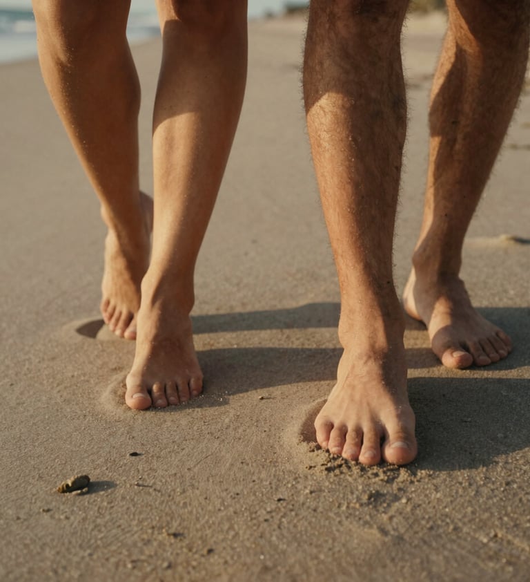 Authentic detail shot of a couple's feet walking barefoot on soft sand. The lighting is warm and late-afternoon, creating a cinematic, nostalgic lifestyle mood in a coastal Southern European setting.