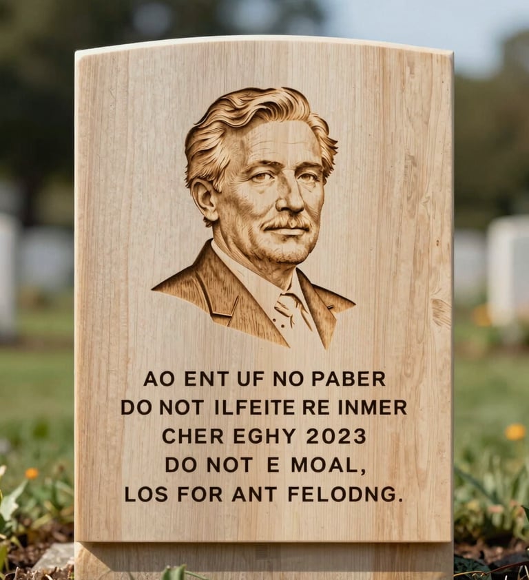 An elegant, rectangular memorial wood sign with a laser-engraved portrait and poem. The wood is a light, clean #D4BEAE oak. The composition is professional and artistic, with soft shadows creating a sense of peace.