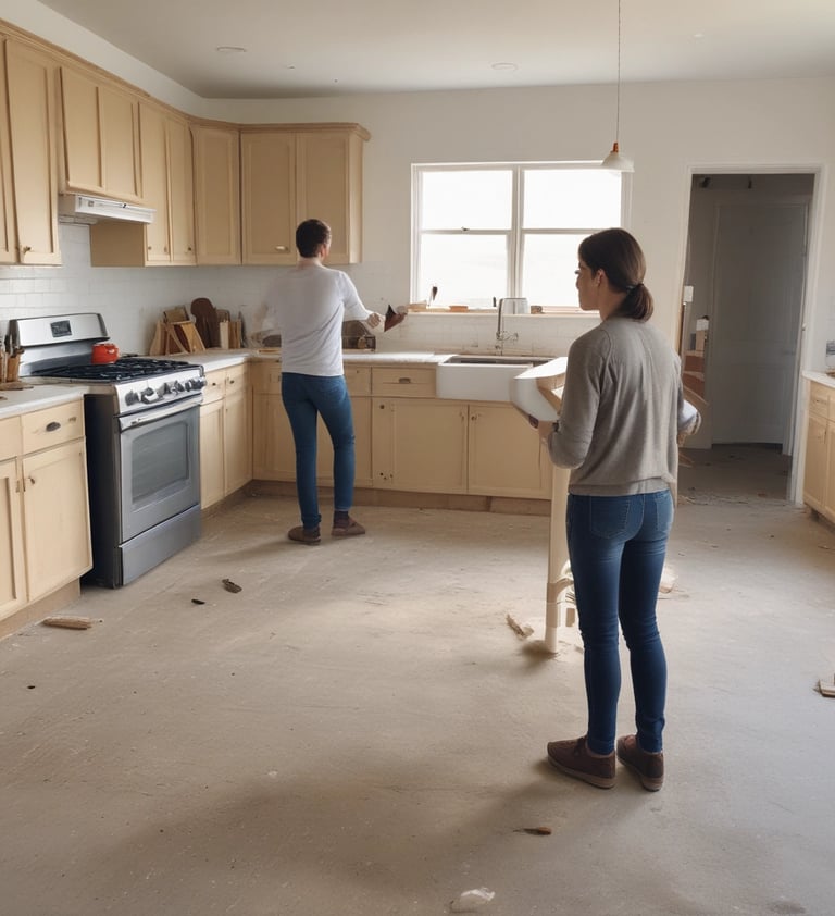 Couple renovating a modern kitchen with light wood cabinets and stainleteel appliances.