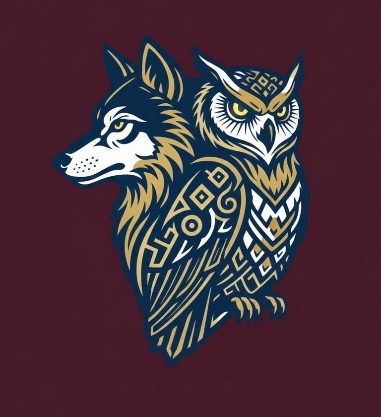 logo le loup et le hibous sur fond bordeau / le loup et le hibou