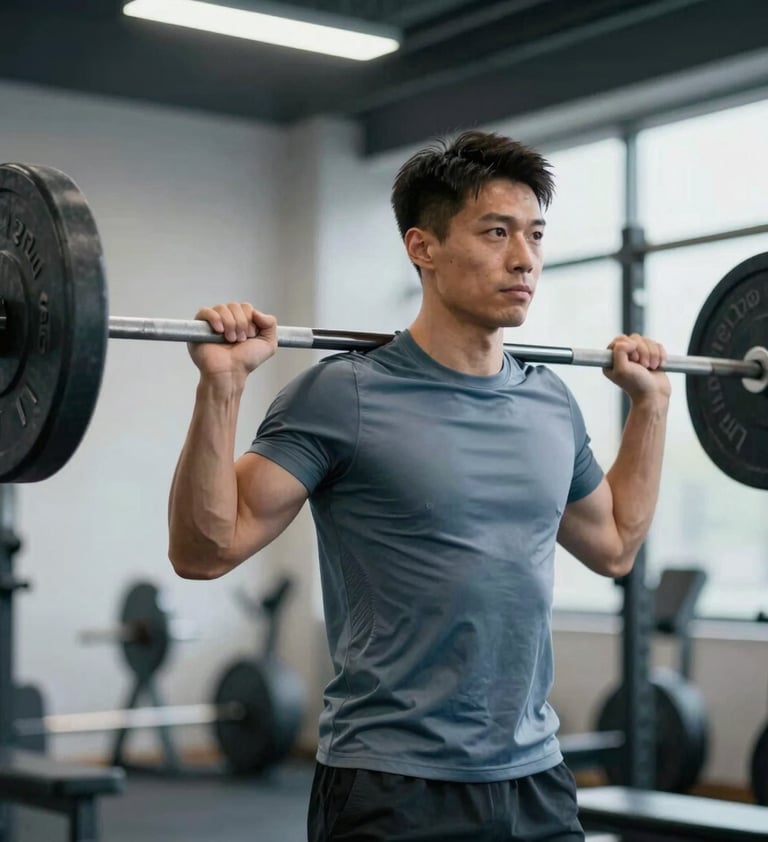 A professional portrait of the athlete in the weight room, wearing a high-performance training shirt. The athlete is mid-repetition with a barbell, showing dedication and strength. The environment is clean and professional with accents of #3A5A7A and #1C2B3A in the equipment.
