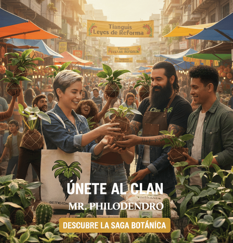 Personas sosteniendo plantas de kokedama en el concurrido mercado callejero al aire libre Tianguis 