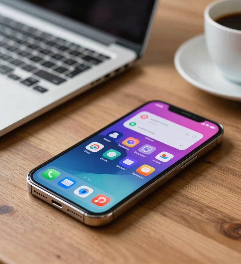 A sleek, close-up shot of a smartphone lying on a wooden desk, showing a vibrant mobile application interface. In the background, a blurred laptop and a cup of coffee create a professional yet approachable workspace for a Global / Digital Professional.