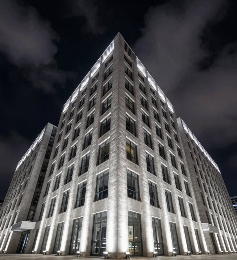A wide cinematic shot of a modern architectural building at night, illuminated by sharp cloud white lights against a deep black sky. The composition is graphic and symmetrical, shot with a high-end cinema camera.