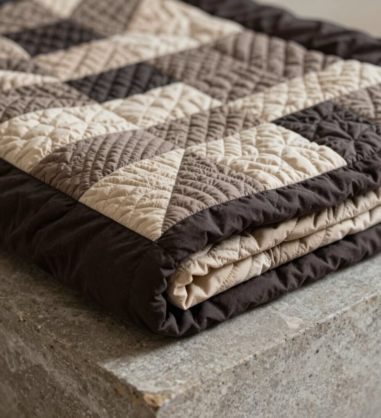 A detailed close-up of the Forest Path quilt neatly folded on a stone plinth. The fold reveals the contrast between the dark espresso backing and the intricate taupe and sand patchwork on the front. The composition is clean and modern.
