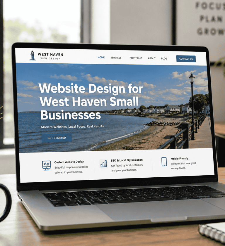 Image of the shoreline with the words Website Design for West Haven small businesses