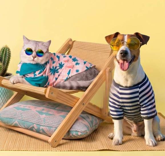 Un gato y un perro con gafas de sol y ropa de verano descansan junto a un cactus, fondo amarillo