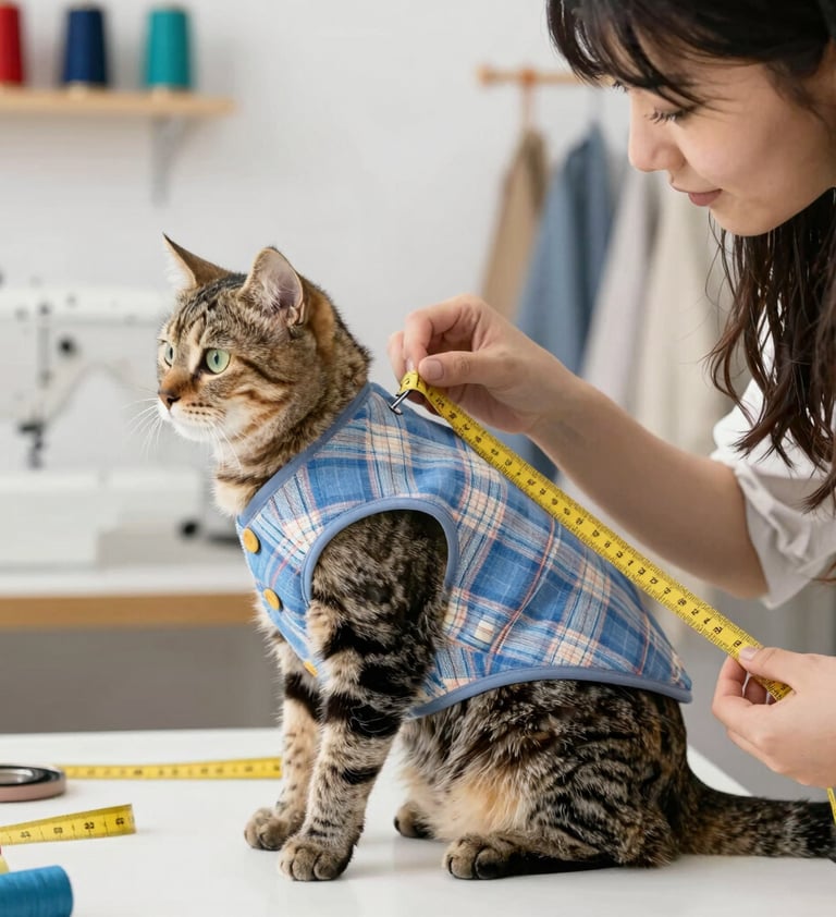 Una costurera tomando medidas a un gato atigrado que lleva un chaleco de cuadros azul hecho a medida