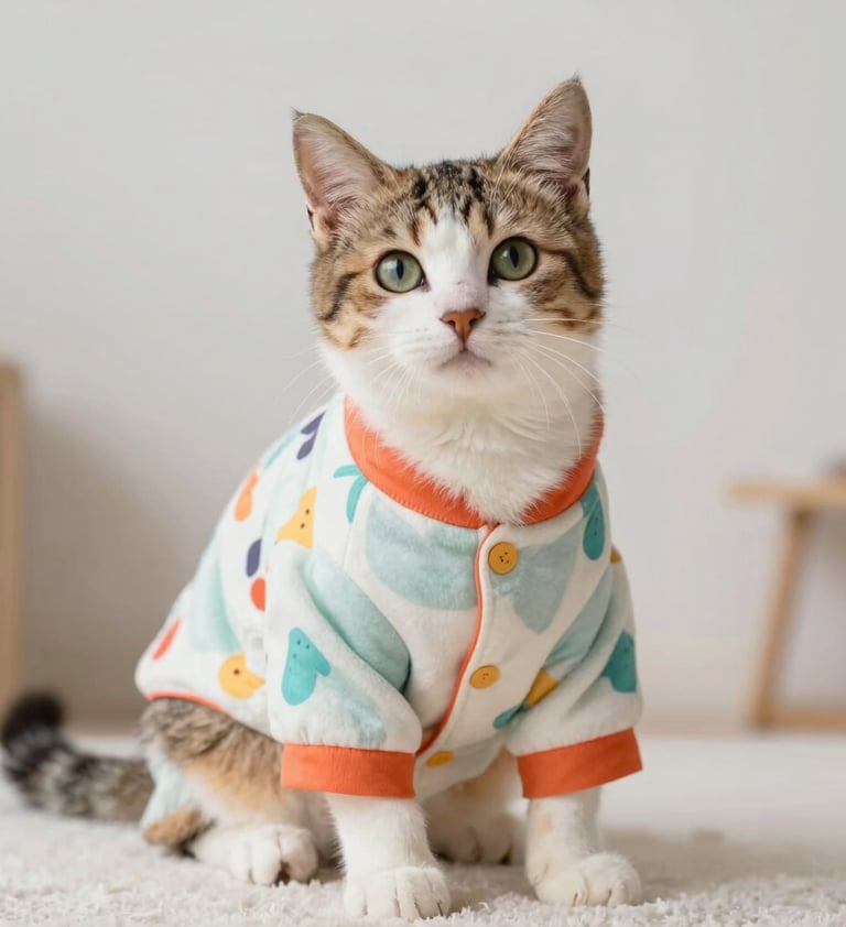 Un adorable gato atigrado que lleva un suéter para mascota con un patrón colorido, sentado sobre una