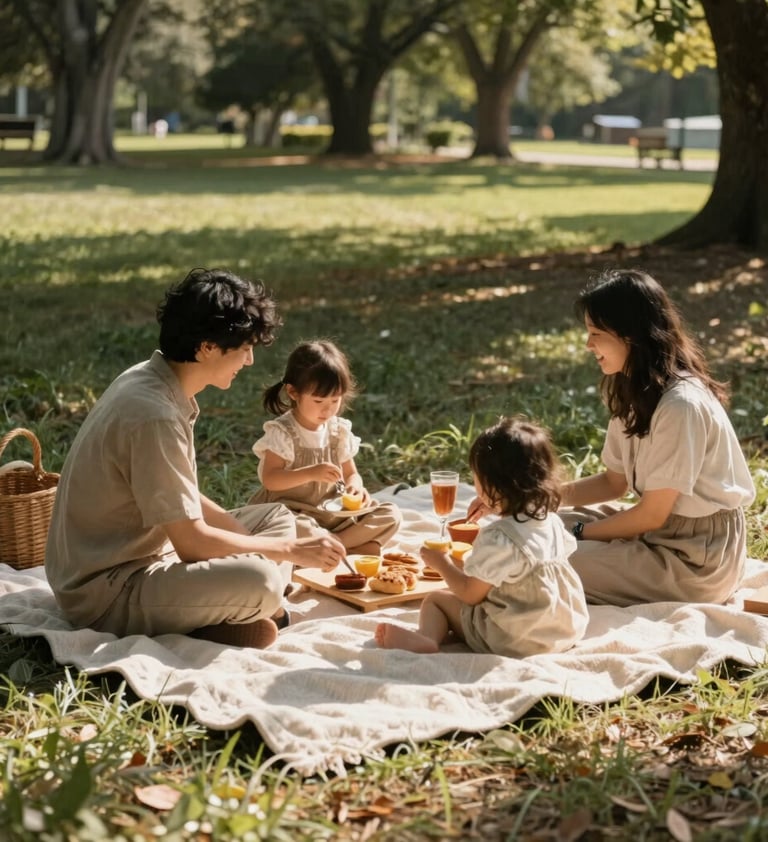A cozy, authentic outdoor picnic setup for a family in a North American park. Soft blankets in neutral sand colors, sun-drenched lighting, natural wood textures, intimate and cinematic lifestyle photography.