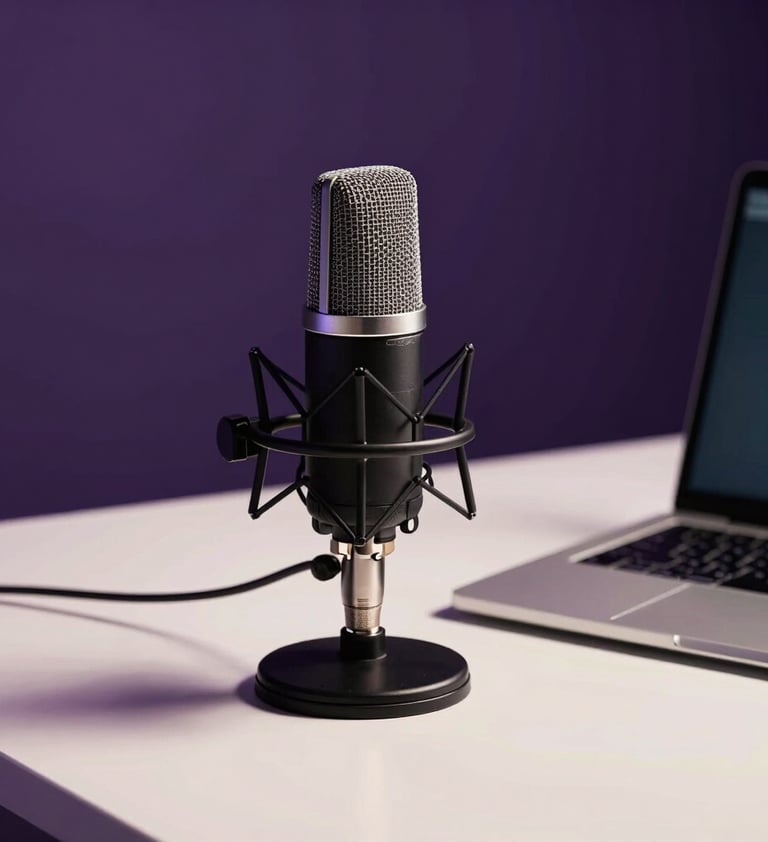 A sophisticated workspace in a North American office featuring a high-end microphone and a sleek laptop, moody lighting with deep purple shadows and bright off-white highlights, representing modern independent production.