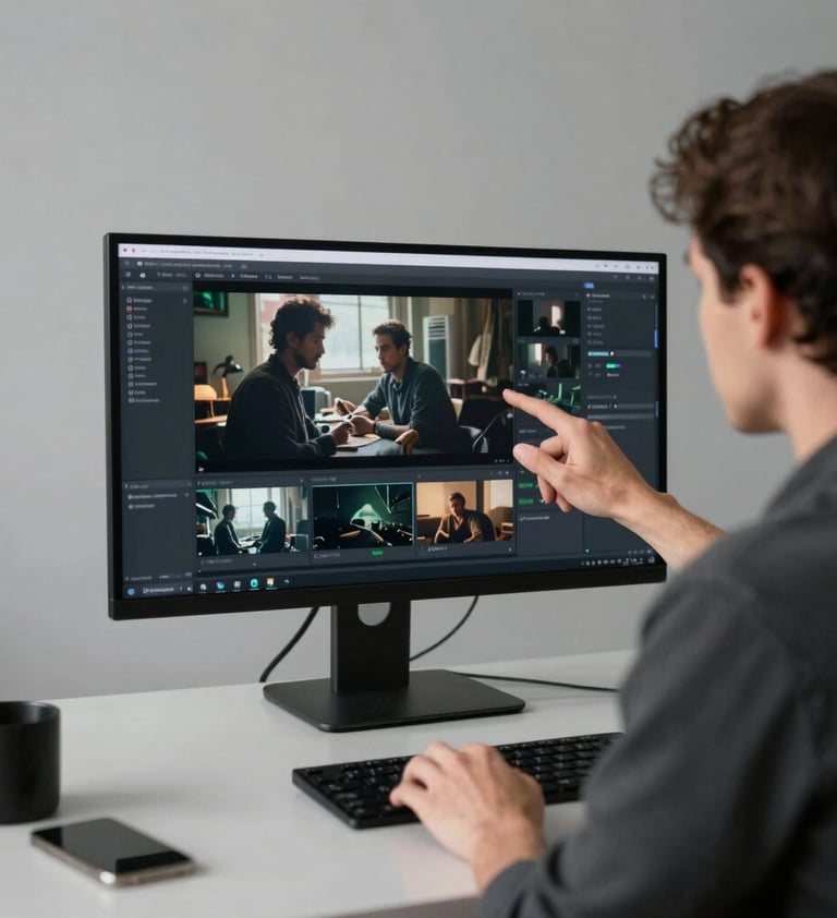 A minimalist lifestyle shot of an Australian / Sydney creative professional reviewing cinematic footage on a large monitor in a high-end, grey-toned studio environment, soft natural daylight.