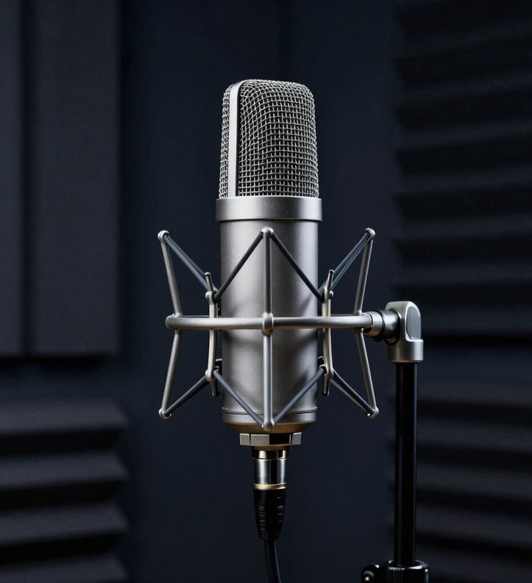 A high-quality professional studio microphone standing in a soundproof room. The lighting is moody with deep midnight navy shadows and cool steel grey highlights on the metal mesh. Clean, modern aesthetic in a professional Latin American studio.