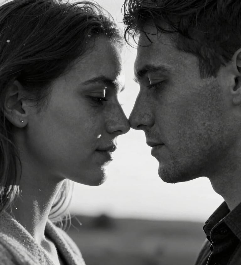 An intimate black and white portrait of a couple with their foreheads touching. The lighting is cinematic with strong highlights from the setting sun, emphasizing natural beauty and connection.