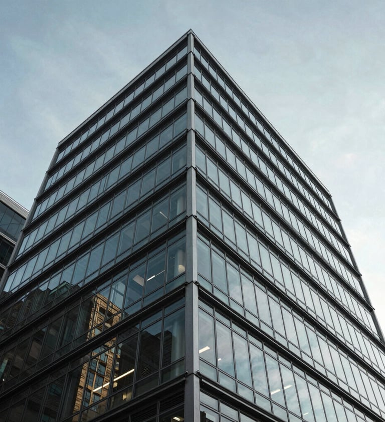 A vertical perspective shot of a contemporary glass and steel structure in Toronto. The image looks up towards a clear sky, emphasizing geometric patterns and negative space in a clean, professional style.