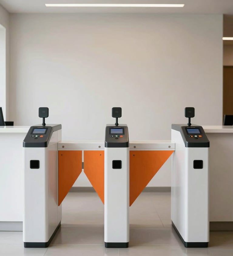 An interior shot of a minimalist South American / Brazilian reception area with a secure electronic turnstile. The composition is clean and symmetrical, with white and black accents and a splash of orange from a brand element.