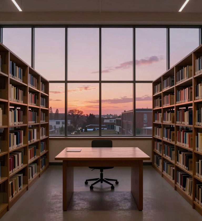 A wide shot of a scholarly, minimalist library in a International / Western home. Large windows show a sunset sky, casting a muted rose mauve glow over rows of neatly organized books and a simple dark wooden desk.