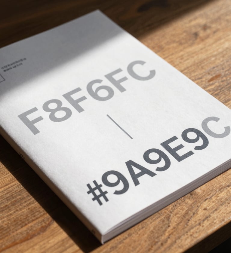 Close-up shot of a contemporary printed portfolio lying on a wooden table. The lighting is spontaneous, like a morning ray hitting the page. The image focuses on the texture of the paper and the sharp typography. Palette colors #F8F6F2 and #9A9E96 are prominent.