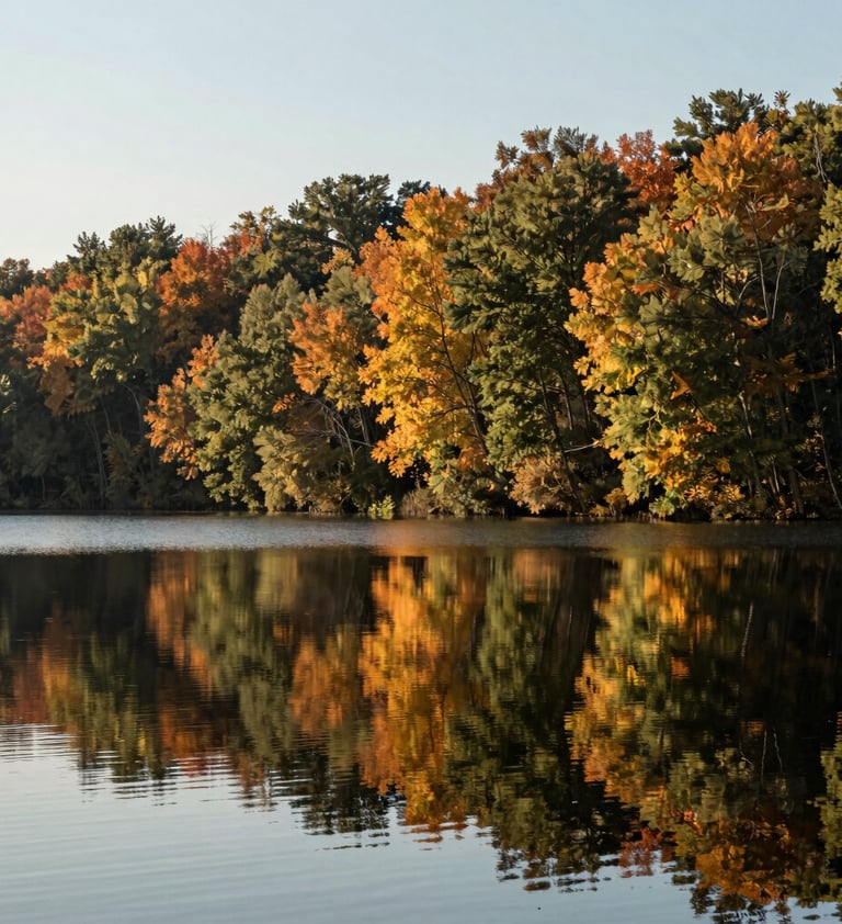A tranquil North American / US lake reflecting the Muted Sage and Warm Olive colors of the surrounding autumn trees. Professional composition, clean and sophisticated artistic style.