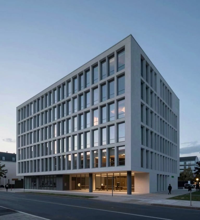 A minimalist architectural shot of a modern building in Bordeaux at dusk. Clean lines, soft #2C3E50 blue hour lighting, and a feeling of timeless elegance. The composition is wide and cinematic.