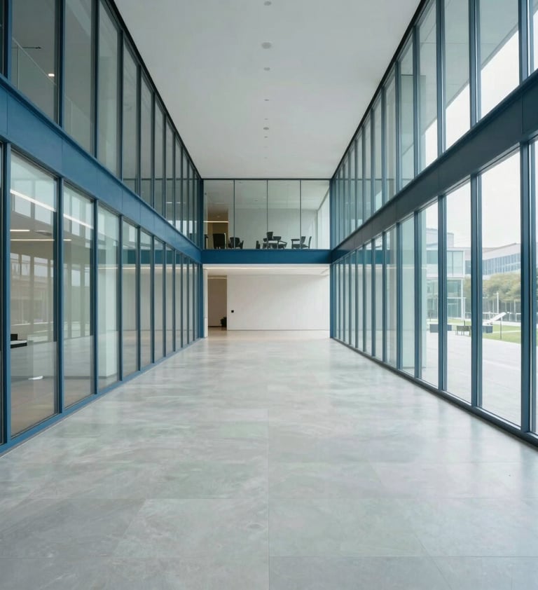 A wide-angle shot of a minimalist, modern office lobby with glass walls and steel blue metal frames. The floor is a polished pale mist color, and the overall composition is balanced and symmetrical, projecting competence and reliability.