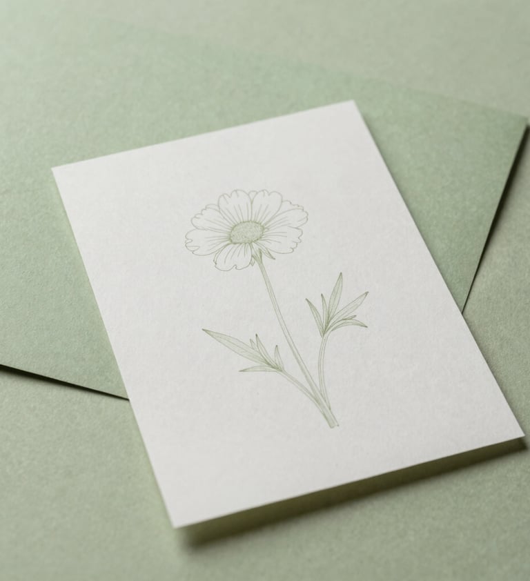 A high-angle photograph of several sheets of handmade paper scattered on a pale moss green surface. One sheet has a light, fine-line ink drawing of a wild flower. The scene feels meticulous, artisanal, and very calm.