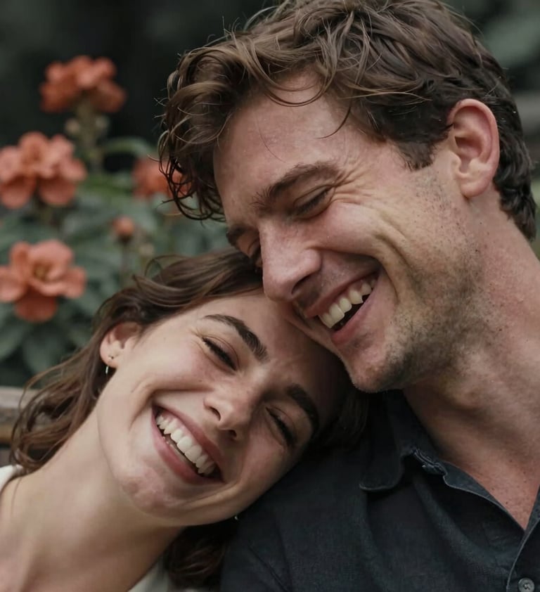 An intimate, close-up portrait of a couple sharing a secret laugh. One person's head is resting on the other's shoulder. The background is a soft-focus garden with hints of terracotta flowers and charcoal shadows.