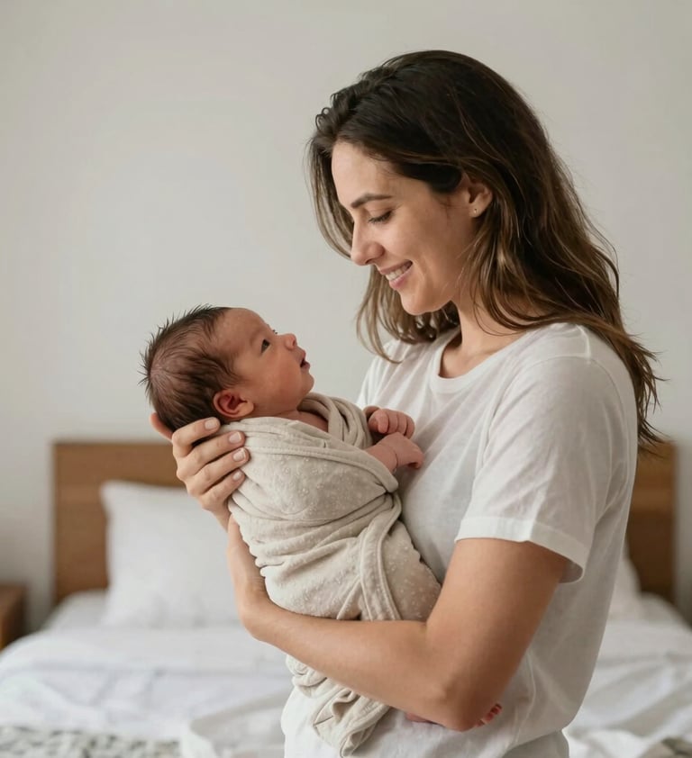 A vertical portrait of a couple holding their newborn baby, wrapped in a soft stone colored blanket. They are in a minimalist South American / Brazilian bedroom with natural morning light. Pure, clean, and professional aesthetic.