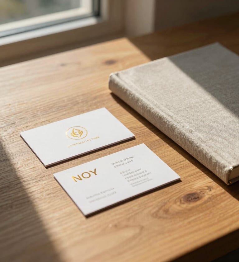 A cinematic lifestyle shot of minimalist branding materials—business cards and a linen-bound book—resting on a sand-colored wooden table. The scene is illuminated by afternoon sunlight streaming through a window, creating warm, golden highlights. Muted gold accents are visible on the stationery.