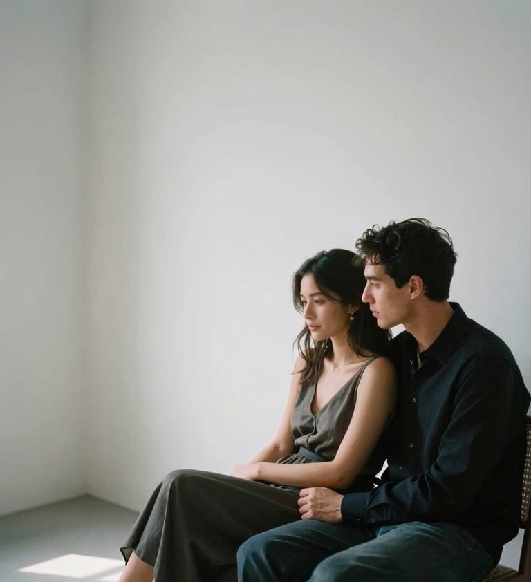 A sophisticated, high-end photography shot of a couple sharing a quiet moment in a minimalist studio with white walls. Soft side lighting creates a timeless and elegant atmosphere. North American / US interior.
