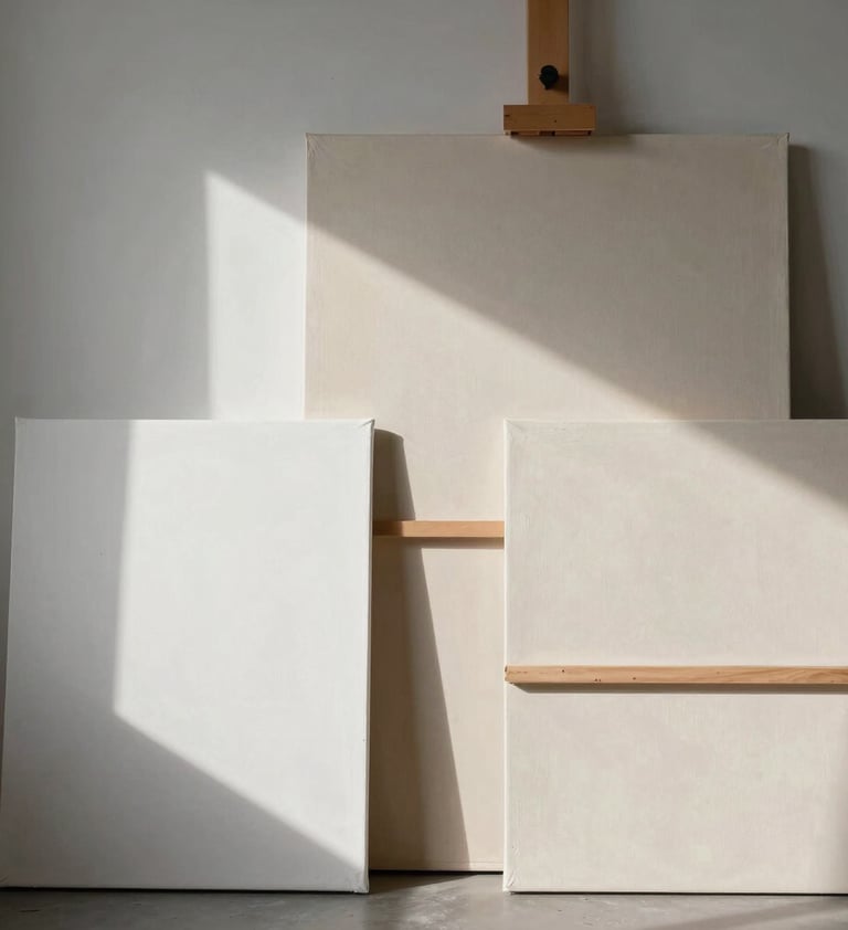A glimpse into a serene and clean artist studio in France, featuring minimalist canvases with monochromatic textures under soft, natural morning light.