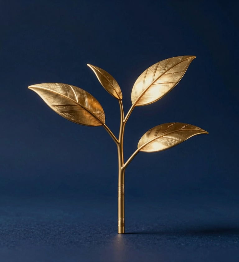 A conceptual, minimalist sculpture representing growth and venture capital. A golden sapling made of metallic wires against a deep navy blue background. Soft, cinematic lighting highlighting the texture and precision of the design.