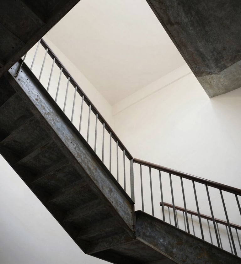 A low-angle perspective shot looking up through the geometric structure of the steel stairs. The dark charcoal lines intersect against a soft off-white ceiling, highlighting the mathematical beauty of the fabrication.