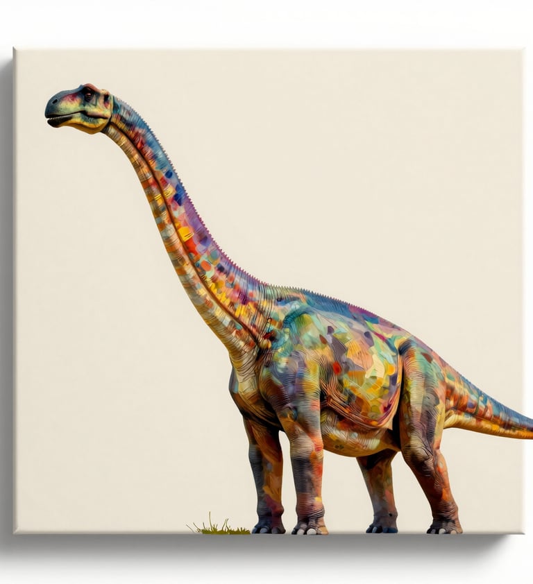 A Brachiosaurus with a long, elegant neck stretching across a split-canvas background of #C6B29B and #F9F5EF. The style is minimalist pop-art with vibrant acrylic textures visible on the dinosaur's skin.