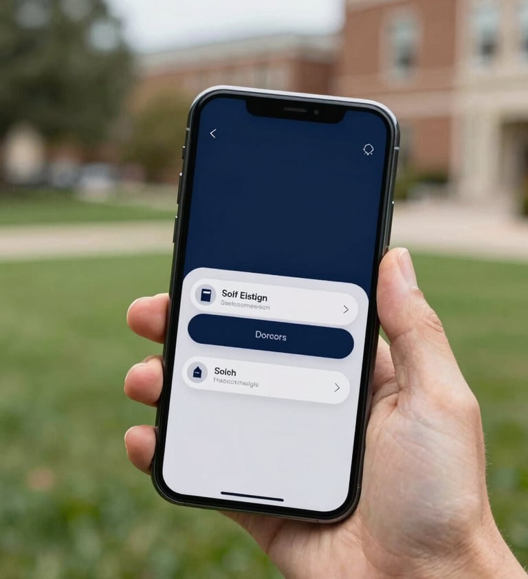 A close-up shot of a hand holding a modern smartphone in a North American / US outdoor campus quad. The screen shows a vibrant mobile app interface using a dark navy blue and light grey color scheme. Soft focus on the green lawn in the background.