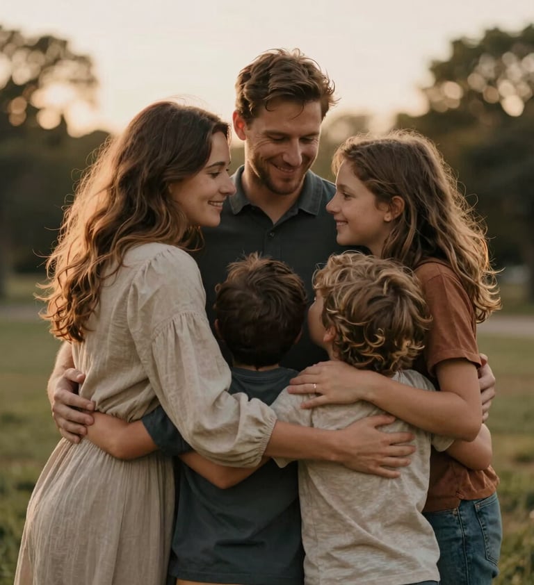A lifestyle photograph of a family group hug in a Western / Global park setting. The lighting is low and warm, creating a friendly and authentic storytelling vibe with soft tan and charcoal accents.