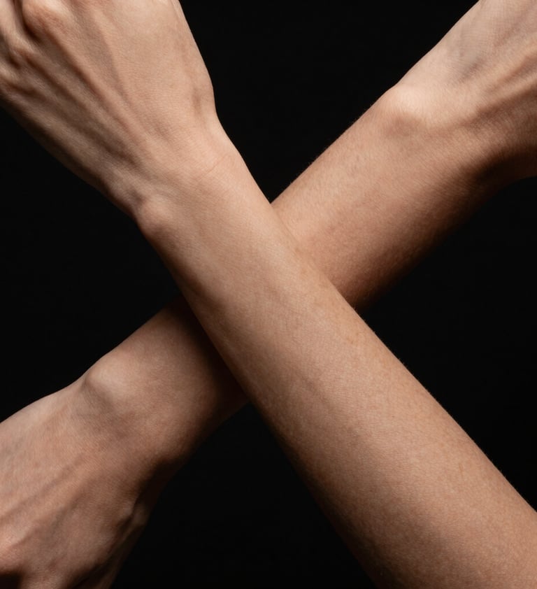 Macro photography of interlaced limbs, creating a geometric and abstract shape. The lighting is cinematic, emphasizing form and shadow against a solid black background. North American / US fine art style.