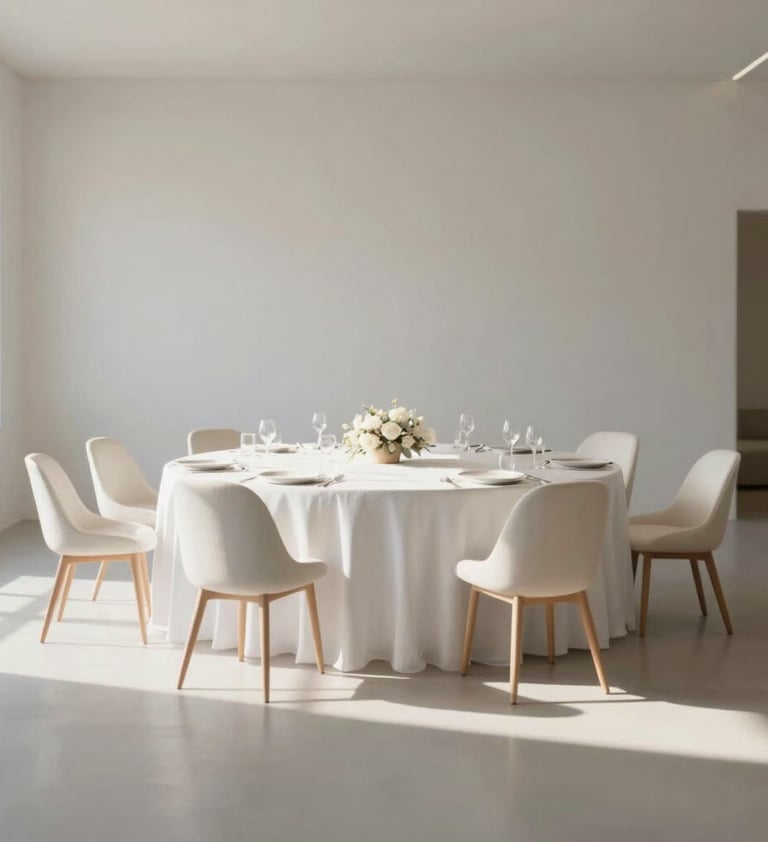 An elegant wide shot of a minimalist 15th birthday celebration space. Focus on the interplay of light and shadow, using #FDFDFD and #A39E97 tones to create a sophisticated atmosphere.