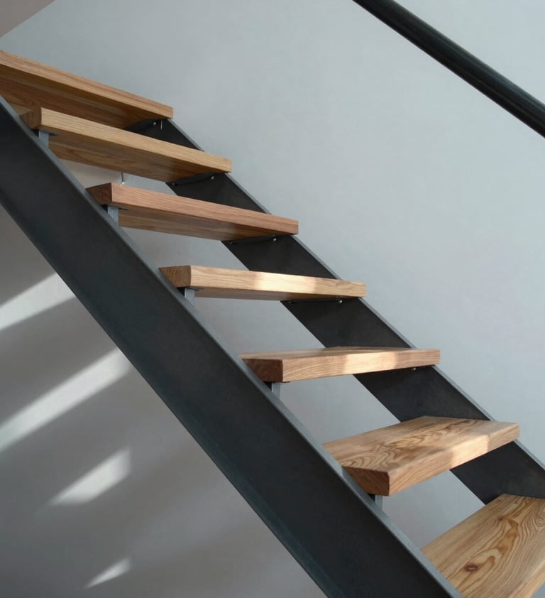 Close-up of a custom wood and steel staircase inside a minimalist house, precise joints, architectural detail, lighting casting linear shadows, slate grey and pale blue-grey palette.